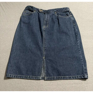 Liz Claiborne Jean Skirt Women 10 Med Wash Faded‎ Denim Knee Length Slit Button